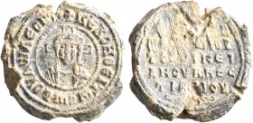 Leon, epi tou oikeiakou basilikou vestiariou, circa 850-950. Seal (Lead, 22 mm, 9.78 g, 12 h). +KЄ ROHΘЄI TⲰ CⲰ ΔOVΛⲰ ΛЄONTI Bust of Christ facing, la...