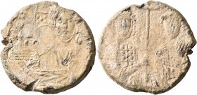 Basil II Bulgaroktonos, with Constantine VIII, 976-1025. Seal (Lead, 27 mm, 16.88 g, 12 h). +ЄΜ[ΜΑ-ΝΟVΗΛ] / IC - [XC] Bust of Christ Pantokrator facin...