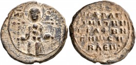 Anonymous, 11th century. Seal (Lead, 25 mm, 10.66 g, 12 h). MHP - ΘV Mother of God enthroned, nimbate, holding infant Christ. Rev. +૪ CΦPAΓ, / ЄIMI TH...