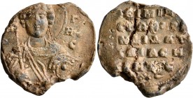 Michael, spatharokandidatos and asekrites, 11th century. Seal (Lead, 26 mm, 7.91 g, 12 h). [ΓЄⲰP-]Γ/HO/C Nimbate facing bust of Saint George, holding ...