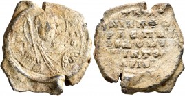 Nikephoros, protospatharios and domestikos ton arithmon, 11th century. Seal (Lead, 29 mm, 14.07 g, 12 h). Θ / Δ/I/M-T/PI/O Nimbate facing bust of Sain...