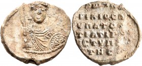 N. Stypeiotes, patrikios anthypatos and strategos, 11th century. Seal (Lead, 30 mm, 9.60 g, 12 h). Nimbate facing bust of Saint George (?), holding sp...