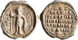 Georgios Aplesphares, patrikios and primikerios, 2nd half 11th century. Seal (Lead, 22 mm, 11.56 g, 12 h). Θ / ΓЄ/Ⲱ/P-Γ/IO/C Saint George, standing fa...