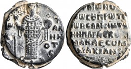 Konstantinos, protonobellisimos, late 11th-early 12th century. Seal (Lead, 25 mm, 13.50 g, 12 h). Θ / [K]W/[N]C-T/AN/HN/OT/C (sic!) Saint Constantine ...