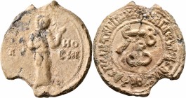 Konstantinos Serbiotes, 13th century. Seal (Lead, 38 mm, 30.74 g, 12 h). [H] / TA/ΠV-NO/CIA ("Humility") Personification of Humility standing to right...