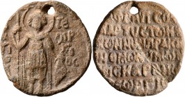 Georgios Skaranos, late 13th-early 14th century. Seal (Lead, 34 mm, 22.30 g, 12 h). O / A/ΓI/O/C - ΓЄ/ⲰP/ΓI/OC Saint George, standing facing, nimbate,...