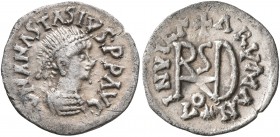 OSTROGOTHS. Theoderic, 493-526. 1/4 Siliqua (Silver, 14 mm, 0.90 g, 6 h), Sirmium, circa 504-526. D N ANASTASIVS P P AVC Pearl-diademed, draped and cu...