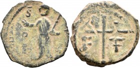 CRUSADERS. Antioch. Tancred, regent, 1101-1112. Follis (Bronze, 19 mm, 3.00 g, 5 h). S P[E/TRVS] Nimbate St. Peter standing facing, raising his hand i...