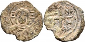 CRUSADERS. Antioch. Tancred, regent, 1101-1112. Follis (Bronze, 21 mm, 2.63 g, 9 h). Nimbate bust of Christ facing, holding book of Gospels; in fields...