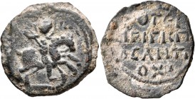 CRUSADERS. Antioch. Roger of Salerno, regent, 1112-1119. Follis (Bronze, 21 mm, 3.50 g, 4 h). O-A (in monogram form) ΓEωP St. George, nimbate, on hors...