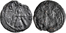 ISLAMIC, Umayyad Caliphate. temp. 'Abd al-Malik ibn Marwan, AH 65-86 / AD 685-705. Pashiz (Bronze, 16 mm, 1.19 g), Arab Sasanian type with a 'Standing...