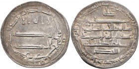 ISLAMIC, 'Abbasid Caliphate. al-Rashid, AH 170-193 / AD 786-809. Dirham (Silver, 27 mm, 3.09 g, 3 h), citing Harun al-Rashid as calipj, al-Ma'mun as h...