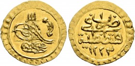 ISLAMIC, Ottoman Empire. Mahmud II, AH 1223-1255 / AD 1808-1839. ¼ Zeri Mahbub (Gold, 16 mm, 0.77 g, 12 h), Qustantiniya, AH 1223 = AD 1808 / RY 1 = 1...