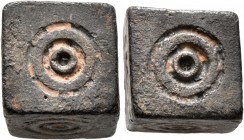 ISLAMIC, Islamic Weights. Circa 10-13th centuries. Weight of 5 Dirhams (Bronze, 11x12x12 mm, 14.10 g), a cubic Seljuk or Beylik coin weight with all f...