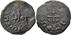 ARMENIA, Cilician Armenia. Baronial. Levon II, 1187-1198. Pogh (Bronze, 26 mm, 6.00 g, 11 h). Levon II on horseback riding left. Rev. Cross pattée, wi...