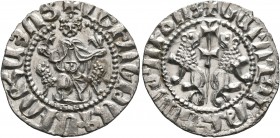 ARMENIA, Cilician Armenia. Royal. Levon I, 1198-1219. Tram (Silver, 21 mm, 2.93 g, 12 h). Levon seated facing on throne decorated with lions, holding ...