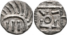 BRITISH, Anglo-Saxon. Continental Sceattas. Circa 715-750. Sceatt (Silver, 12 mm, 0.71 g), Mint in southern Frisia. 'Porcupine' right, containing thre...