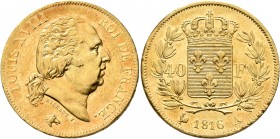 FRANCE, Royal (Restored). Louis XVIII, 1814-1824. 40 Francs (Gold, 26 mm, 12.89 g, 5 h), Paris, 1816. LOUIS XVIII ROIE DE FRANCE Head of Louis XVIII t...