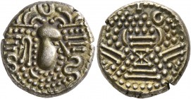 INDIA, Medieval. Chalukyas of Gujarat. Anonymous, 1030-1120. Gadhaiya (Billon, 17 mm, 4.25 g, 5 h). Stylized Sasanianhead to right, wearing crown surm...