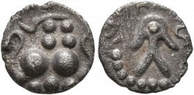 INDIA, Medieval. Paramaras of Vidarbha. Raja Bhoja, circa 13th century. Damma (Silver, 9 mm, 0.43 g, 9 h). Stylized lion standing right, raising his r...