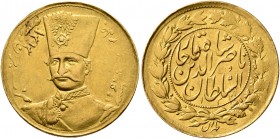 IRAN, Qajars. Nasir al-Din Shah, AH 1264-1313 / AD 1848-1896. Toman (Gold, 19 mm, 2.82 g, 6 h), Tehran, AH 1313 = AD 1895/6. KM A938. A rare date. Lig...