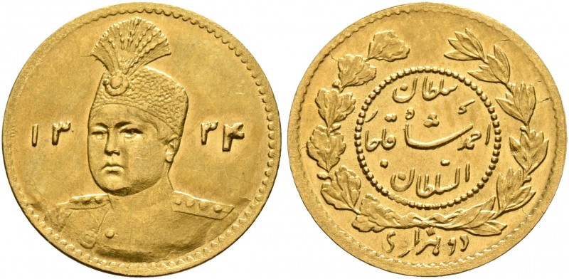 IRAN, Qajars. Ahmad Shah, AH 1327-1344 / AD 1909-1925. 1/5 Toman (Gold, 14 mm, 0...