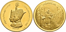 IRAN, Pahlavis. Muhammad Reza Shah, AH 1360-1398 / AD 1941-1979. Medal (Gold, 38 mm, 25.11 g, 1 h), on the coronation of Muhammad Reza Shah to emperor...
