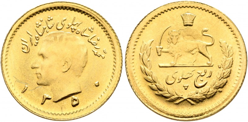IRAN, Pahlavis. Muhammad Reza Shah, AH 1360-1398 / AD 1941-1979. 1/4 Pahlavi (Go...