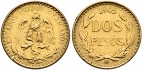MEXICO, Republic (Second). 1867-present. 2 Pesos (Gold, 13 mm, 1.65 g, 6 h), Ciudad de México, 1945 M (Restrike). Friedberg 170R. KM 461. Scuff on the...