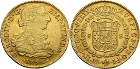 PERU, Colonial. Carlos IV, king of Spain, 1788-1808. 8 Escudos (Gold, 37 mm, 27.10 g, 12 h), Lima, 1790. CAROL•IV•D•G• HISP•ET IND•R• / •1790• Draped ...