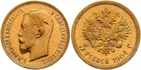 RUSSIA, Tsars of Russia. Nikolai II Aleksandrovich, 1894-1917. 5 Roubles (Gold, 18 mm, 4.30 g, 12 h), St. Peterbsurg, 1904. Bare head of Nikolai II to...