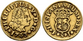 SPAIN, Reino de España. Felipe V, second reign, 1724-1746. 1/2 Escudo (Gold, 15 mm, 1.74 g, 12 h), Sevilla, 1743. PHILIPPUS✱V✱D✱G / ✱1743✱ Draped bust...