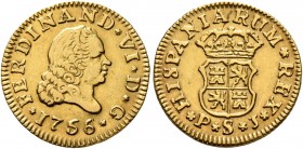 SPAIN, Reino de España. Fernando VI, 1746-1759. 1/2 Escudo (Gold, 15 mm, 1.74 g, 12 h), Sevilla, 1756. FERDINAND✱VI✱D✱G / ✱1756✱ Head of Fernando VI t...