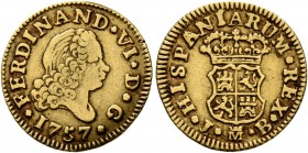 SPAIN, Reino de España. Fernando VI, 1746-1759. 1/2 Escudo (Gold, 15 mm, 1.74 g, 12 h), Madrid, 1757. FERDINAND✱VI✱D✱G / ✱1757✱ Head of Fernando VI to...