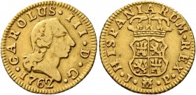SPAIN, Reino de España. Carlos III, 1759-1788. 1/2 Escudo (Gold, 15 mm, 1.74 g, 12 h), Madrid, 1762. •CAROLVS•III•D•G• / 1762 Head of Carlos III to ri...