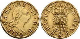 SPAIN, Reino de España. Carlos III, 1759-1788. 1/2 Escudo (Gold, 15 mm, 1.74 g, 12 h), Sevilla, 1770. •CAROLVS•III•D•G• / 1770 Head of Carlos III to r...