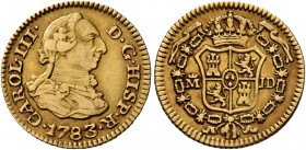 SPAIN, Reino de España. Carlos III, 1759-1788. 1/2 Escudo (Gold, 15 mm, 1.74 g, 12 h), Madrid, 1783. •CAROLVS•III•D•G• / 1783 Draped bust of Carlos II...