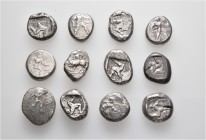 A lot containing 12 silver coins. All: Aspendos Staters. Fine to about very fine. LOT SOLD AS IS, NO RETURNS. 12 coins in lot.