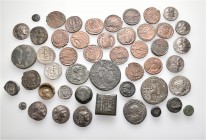 A lot containing 15 silver, 30 bronze coins, 2 bronze weights and 1 lead tessera. Includes: Greek, Roman Provincial, Roman Imperial, Byzantine, Islami...