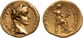 TIBERIUS (14-37 AD) Aureus Lugdunum 7.71 g. Obv/ TI CAESAR DIVI-AVG F AVGVSTVS, laureate head of Tiberius right. Rev/ PONTIF-MAXIM, Livia, as Pax, sea...