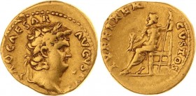 NERO (54-68 AD) Aureus 63 AD Rome 7.35 g. Obv/ NEROCAESAR-AVGVSTVS Laureate head to the right. Rev/ IVPPITER-CVSTOS Seated Jupiter with lightning bund...
