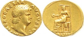 NERO (54-68 AD) Aureus 64-66. Rome 7.27 g. Obv/ IMP NERO CAESAR /AVGVSTVS. Laureate bust to the right. Rev/ SALVS Salus seated to the left. RIC 66 RAR...