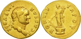 TITUS (79-81 AD) Aureus Rome AD 74, 6.60 g. Obv/ T CAESAR IMP VESP Laureate head right,Rev/ PONTIF TR POT Fortuna standing left on cippus, holding rud...