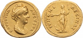 FAUSTINA MAIOR (wife of Antoninus Pius) Aureus Rome 138-140/141 AD 7.15 g. Obv/ FAVSTINA AVGVSTA, draped bust. Rev/ IVNONI REGINAE, Juno and peacock. ...