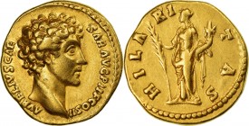 MARCUS AURELIUS (161-180 d.C.) Aureo Rome 7.20 g. Obv / AVRELIVS CAESAR AVG PII F COS II Bare head of Marcus Aurelius on the right. Rev / HILARITAS Hi...