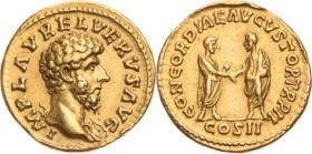 LUCIUS VERUS (161-169 AD) Aureus Rome 161/162 AD 7.23 g. Obv/ IMP L AVREL VERVS AVG, Bust with aegis right. Rev/ CONCORDIAE AVGVSTOR TR P II COS II, M...