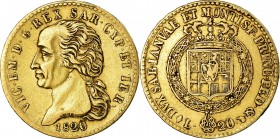 ITALY. SAVOY. VITTORIO EMANUELE I (1802-1821) 20 Lire 1820 Turin.  Friedberg 1129 RARE Very Fine