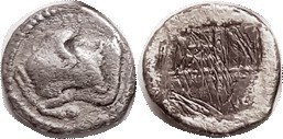 AKANTHOS , Tetrobol, c.470-390 BC, Forepart of bull kneel-ing, Pi-E above (weak)...