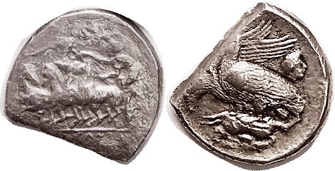 AKRAGAS , Tetradrachm, 409-406 BC, fast quadriga left, grape vine above/2 eagles...