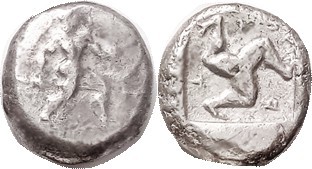 ASPENDOS , Stater, 465-430 BC, Warrior adv rt with spear & shield/triskeles in i...